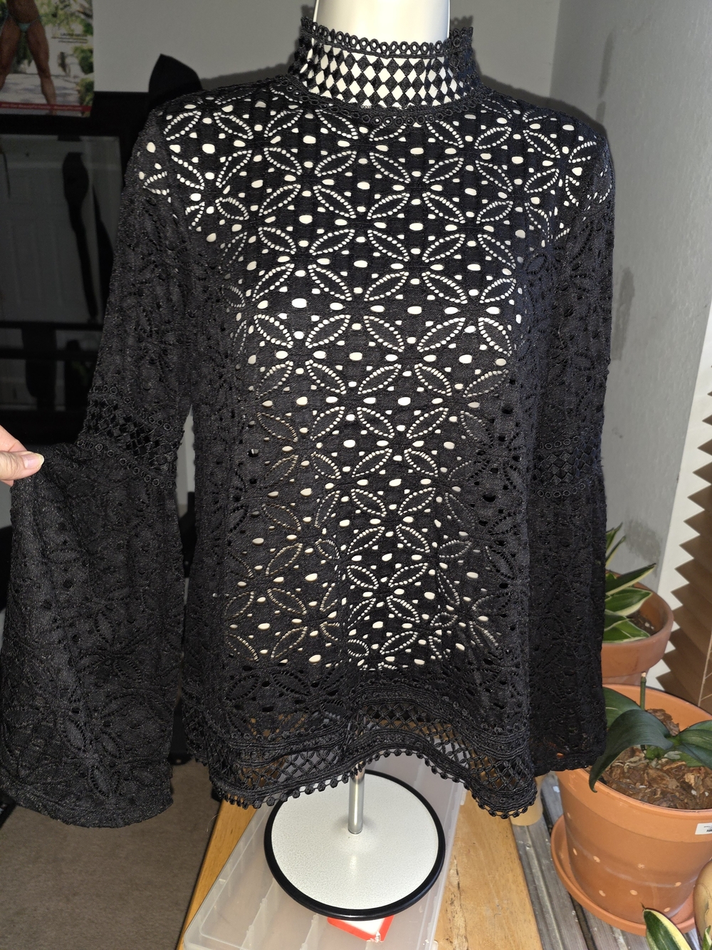 Pointelle Crochet Lace Bell-Sleeve High-Neck Blouse